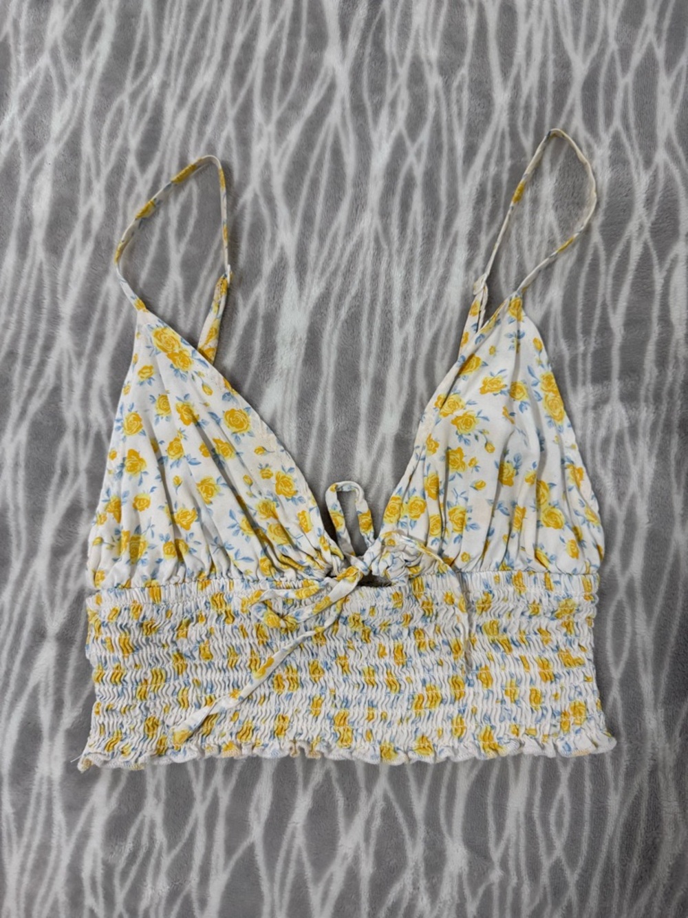 Yellow Floral Smocked Crop Top with Tie Front